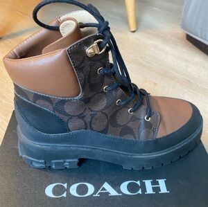 Coach  Brown & Black Signature Lace-Up Boot with Lug Sole
